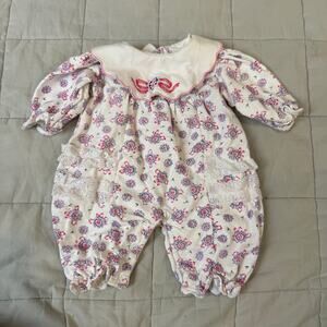 Vintage Baby Girl Bubble Romper Sweatshirt Lace Peter Pan Collar 6-9 Months 90s